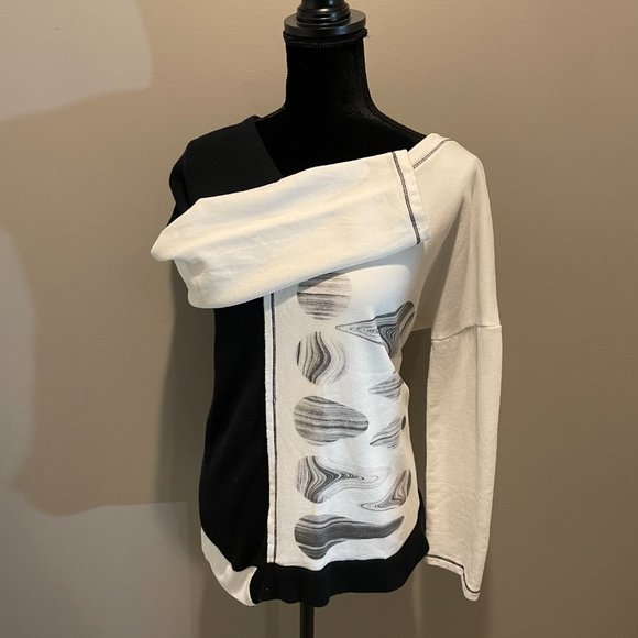 OZAI N KU Mixed Material Black & White Print Pattern Shirt sz M NWOT Super Nice - Picture 5 of 7